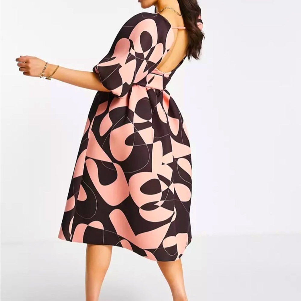 ASOS DESIGN puff sleeve skater dress with belt in abstract